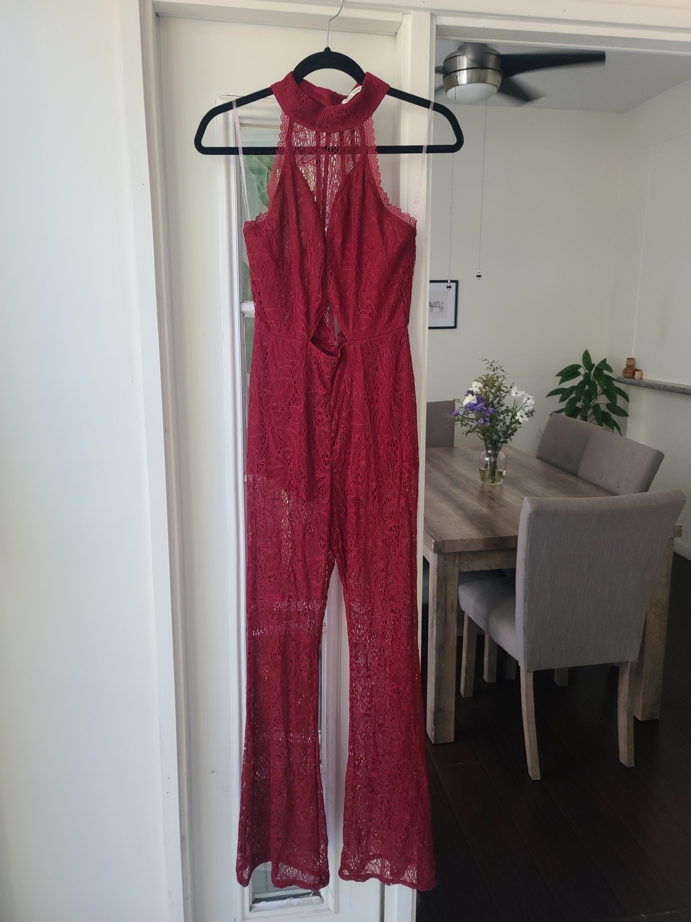 Lace Halter Wide-Leg Jumpsuit in Burgundy